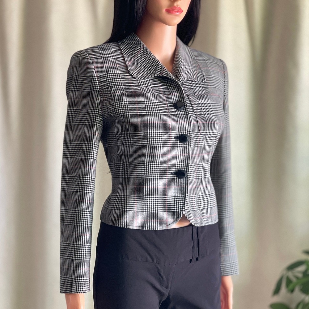 Vtg 90s Jones New York Glen Plaid Cropped Blazer Jacket Grey Officecore 4P